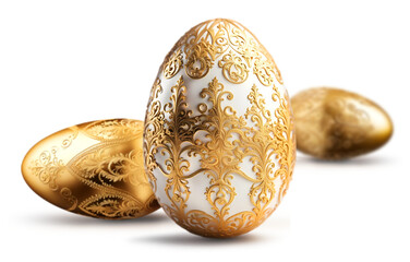 Wall Mural - three golden and white easter eggs with beautiful lace ornaments decoration, isolated on white