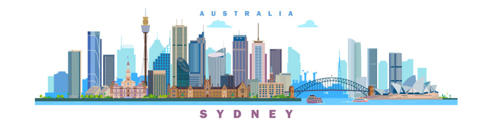 Wall Mural - Sydney city landmarks vector illustration on white background, Australia