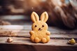 Rabbit shaped cookie illustration, easter holiday concept, wooden background. Generative AI
