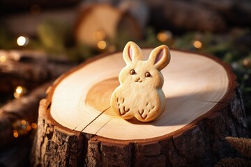 Poster - Rabbit shaped cookie illustration, easter holiday concept, wooden background. Generative AI