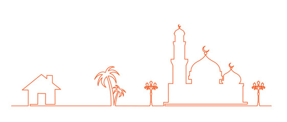 Islamic background for eid mubarak al fitr or adha with isra miraj laylatul qadar, house, mosque, palm tree, lantern, line art continue, isolated on white background eps 10 