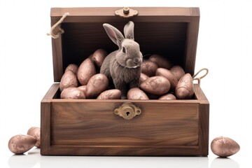 Poster - Wooden box with rabbit and chocolate eggs, easter holiday concept, white background. Generative AI