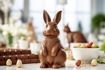 Poster - Illustration of rabbit and chocolate on a white kitchen table, easter holiday concept. Generative AI