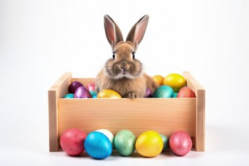 Wall Mural - Wooden box with rabbit and chocolate eggs, easter holiday concept, white background. Generative AI