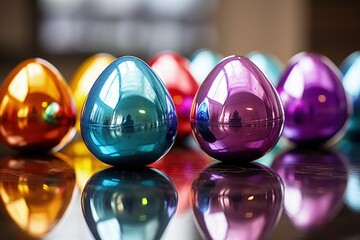 Poster - Easter eggs in different colors in metallic style, holiday and party concept. Generative AI