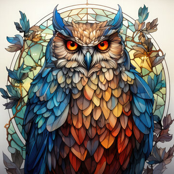 Waterco Stained Glass Owls Square Coaster Clipart illustration Generative Ai