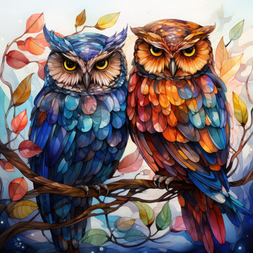 Waterco Stained Glass Owls Square Coaster Clipart illustration Generative Ai