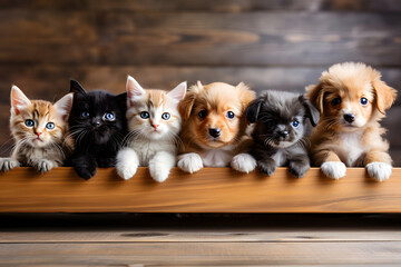 Wall Mural - Kittens and puppies looking over the edge of a table