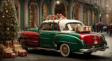 Green Santa's Car With Gift Boxes And Christmas Tree On The Top