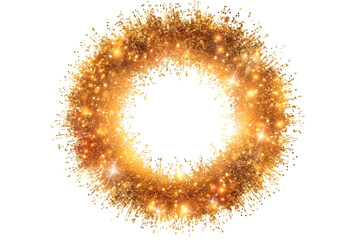 Wall Mural - Gold glitter circle of light shine sparkles and golden spark particles in circle frame on white background. Christmas magic stars glow, firework confetti of glittery ring shimmer	