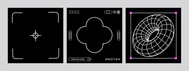 Aufkleber - Techno abstract Y2k elements. Square template in brutal style. Rave vibe. Cyber and minimalism aesthetic. Retro futuristic. Abstract geometric elements for modern web and graphic design. Utilitarian 