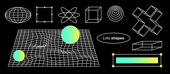 Aufkleber - Trendy line geometry elements Y2k. Neo brutalism design. Wireframe. 3D Checker board print. Retro shape. Futuristic gradient on black background. . zine aesthetic. Vectored shapes, retro vibes. 