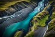 **A glacial rivers from above. aerial photograph of the river strea from icelandic glaciers.beautiful art of the mother  nature created in iceland . wallpaper background high quality photo