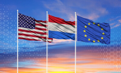 Wall Mural - Three realistic flags of European Union, United States and Luxembourg on flagpoles and blue sky.