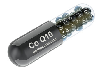 Canvas Print - Coenzyme Q10 ubidecarenone capsule, 3D rendering isolated on transparent background