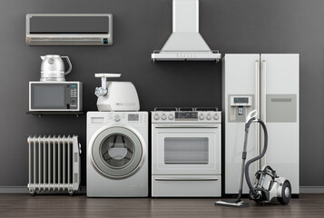 Poster - Set of kitchen and household appliances in room, near the wall. 3D rendering