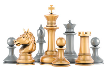 Fototapete - Golden and silver chess figures, 3D rendering isolated on transparent background