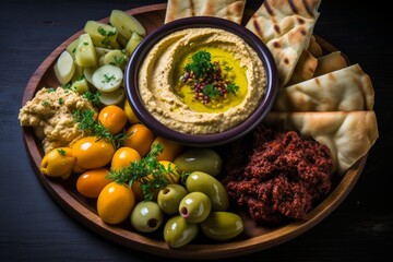 Wall Mural - Photo of a Mediterranean mezze platter with hummus and olives. Generative AI