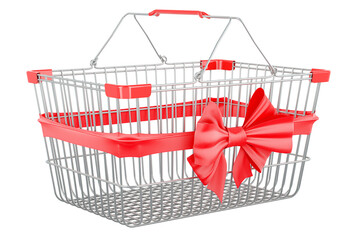Poster - metallic shopping basket with red bow and ribbon. 3d rendering isolated on transparent background
