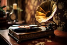 Photo Of A Vintage Phonograph Playing A Vinyl Record. Generative AI