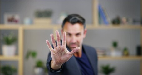 Aufkleber - Hand, stop or reject with a business man in his office for protest, warning or control of his company. Portrait, palm and refuse with a mature corporate executive in a formal suit at his workplace