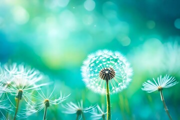 Poster - closeup of dendelion on natural background. bright, delicate nature details. inspirational nature concept, soft blue and green blurred bokeh