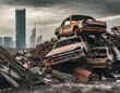© Tupungato - Gloomy scrapyard with rusty car wreck piles and a modern Asian city in background. AI generated image.