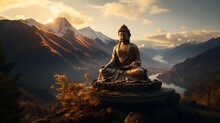 Buddha Statue In The Mountains At Sunset.