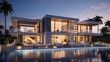 Twilight hues casting a golden glow on a grand modern villa facade, where glass windows offer a peek into the lavish interiors and the infinity pool sparkles under the setting sun.