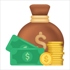 Poster - money bag with coin and dollar sign. Money bag or cash sack near coins stack icon vector flat cartoon illustration