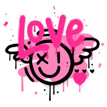 90s Spray Paint Valentine's Dat Greeting Card. Hand Drawn Graffiti Texture Style Comic Cupid Emoji Shape, Heart And Word LOVE. Design For Print, Sticker. Trendy 90s Vintage Vector Illustration