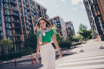 Sticker - Photo of lovely sweet positive pretty cute girlfriend lady dressed summer time outfit crosswalk outdoors residential complex background