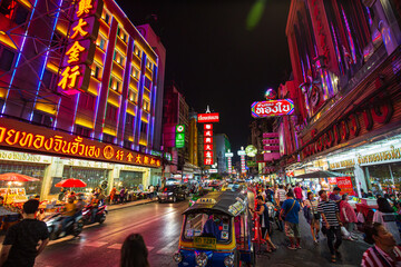 shops on yaowarat road. chinatown with notable chinese buildings, restaurants and decoration. busy y