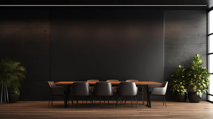 Copy space partition with place for advertising poster or logo in modern interior design cenference room. spacious office hall with conference table, wooden floor and dark wall background Mock up.
Con