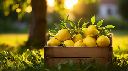 Wall Mural - box of lemons on grass with green background