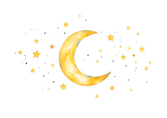 cute night moon stars watercolor. night sky with lot of shiny stars. vector illustration. hand drawn