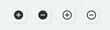 Plus, minus in the circle icon. Add, delete symbol. Addition signs. Medical and emergency symbols. Positive, negative button icons. Vector isolated sign.