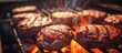 Juicy beef hamburger patties sizzling over hot flames on the barbecue. Website header. Creative Banner. Copyspace image