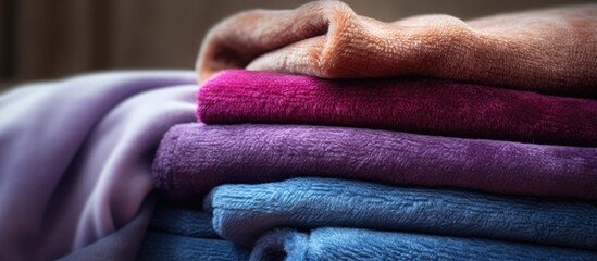 Poster - Pilled colorful woolen blanket Closeup woolen blanket with lint pilling Woolen product after washing. Website header. Creative Banner. Copyspace image