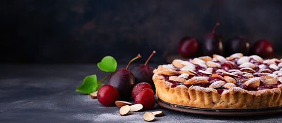 Canvas Print - Plum pie on wooden board in rustic style Aesthetic composition with closed pie with dried plums on concrete background Sweet pastry fruit pie with plum and nuts. Website header. Creative Banner