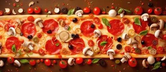 Aufkleber - Pizza made with Salami Mozzarella Mushrooms Olives and Tomato Sauce. Website header. Creative Banner. Copyspace image