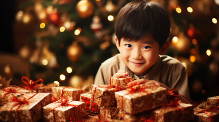 Wall Mural - Merry Christmas and Happy Holidays! Cheerful cute children opening gifts.