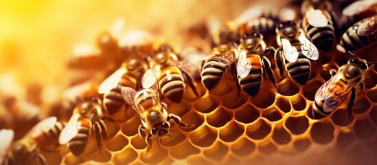 Poster - Honey bee frame from a hive with collony collapse disorder Frame covered with bees. Website header. Creative Banner. Copyspace image