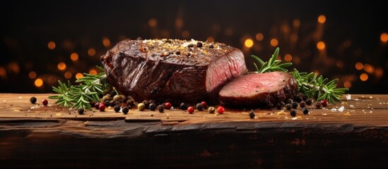 Sticker - Juicy steak medium rare beef with spices on wooden board on table. Website header. Creative Banner. Copyspace image