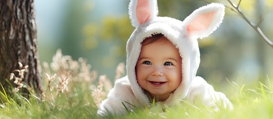 Sticker - Kid in bunny costume sitting on grass in park and smiling. Website header. Creative Banner. Copyspace image