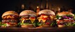 Gourmet tasty burgers with cheese and vegetables selective focus. Website header. Creative Banner. Copyspace image