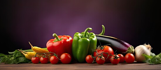 Poster - green peppers tomato and eggplant fresh seasonal vegetables. Website header. Creative Banner. Copyspace image