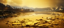 Natural Disaster Pollution Of A Lake With Contaminated Water From A Gold Mine. Website Header. Creative Banner. Copyspace Image