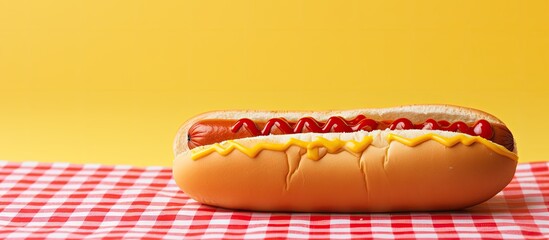 Sticker - hot dog with mustard on red gingham table cloth. website header. creative banner. copyspace image