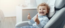 Kid Sitting In Dental Chair Little Girl Patient Showing Thumb Up Approving Pediatric Dental Service In Modern Clinic For Children Focus On Happy Smiling Positively Child Good Oral Dent Health